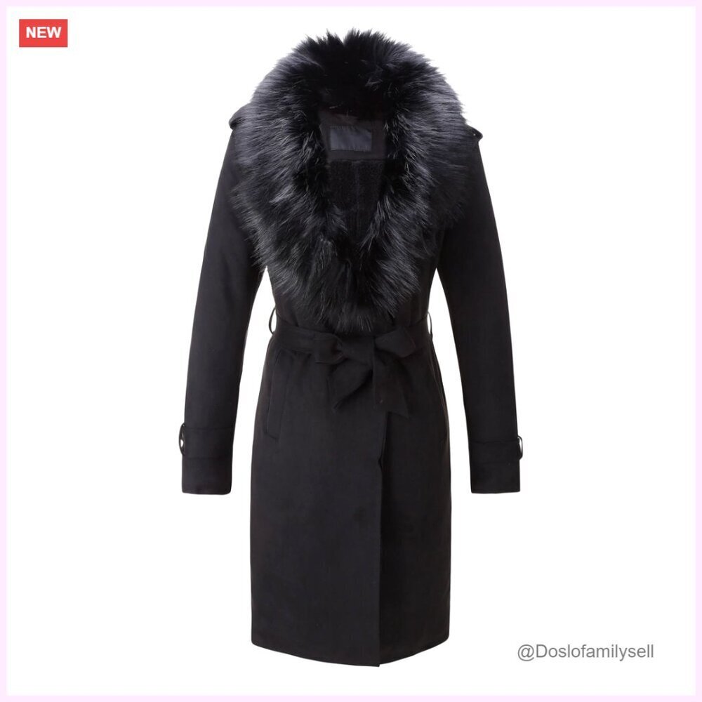 Faux Leather Trench Coat Fleece Lined Mid-Length Jacket Detachable Fur Collar